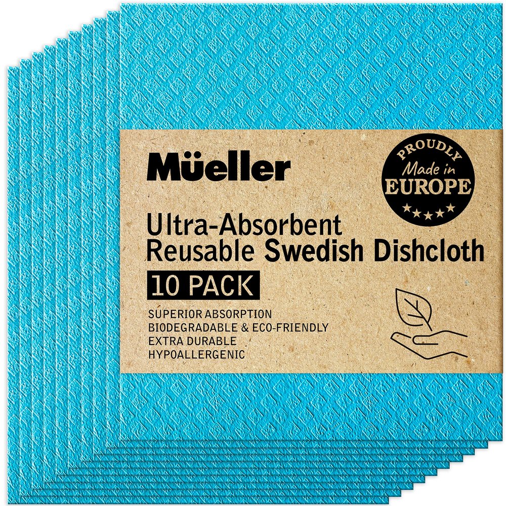 Mueller Swedish Dish Cloths, 10 Pack Reusable Hand Towels for Kitchen, Counters & Washing Dishes, Extra Durable, Ultra-Absorbent, Cellulose Sponge, Eco Friendly and Hypoallergenic, Gifts, Blue