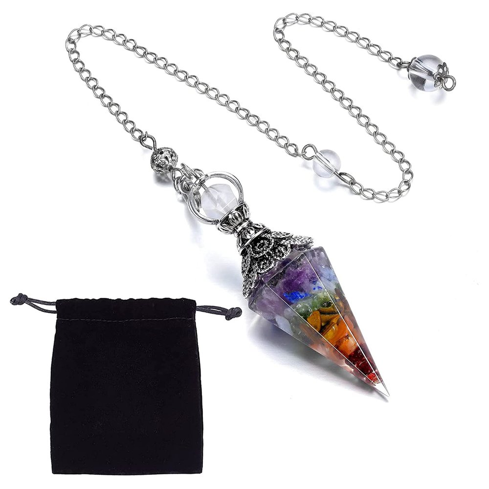 SUNNYCLUE 7 Chakra Pendulum Crystal Gemstone Dowsing Pendulum Necklace with Lobster Claw Clasps & Velvet Cloth Bags for Reiki Balancing Spiritual Point Pendulums Necklace