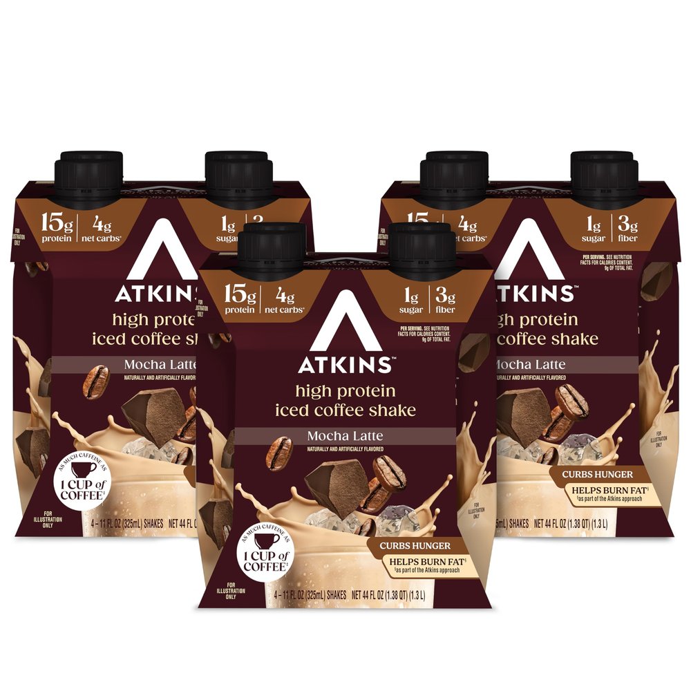 Atkins Mocha Latte Iced Coffee Flavored Protein Shake, High Protein, Low Glycemic, Low Carb and Low Sugar Shakes, Keto-Friendly, 12 Pack