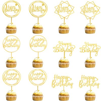 12-Pack Gold Birthday Cake Topper Set, Double-Sided Glitter, Acrylic Happy Birthday Cake Toppers/Cupcake Toppers, Birthday Decorations for Children or Adults.