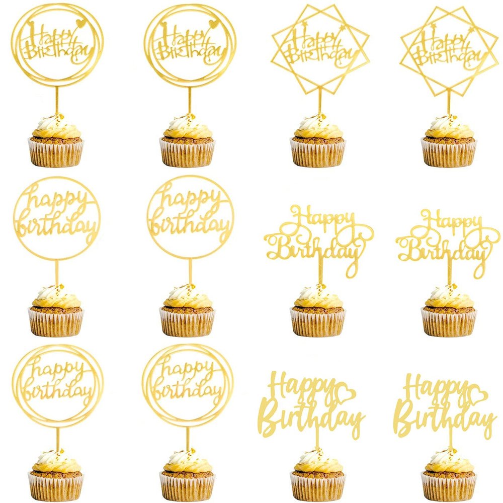 12-Pack Gold Birthday Cake Topper Set, Double-Sided Glitter, Acrylic Happy Birthday Cake Toppers/Cupcake Toppers, Birthday Decorations for Children or Adults.