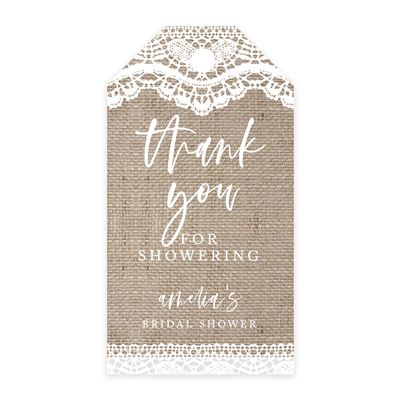 Andaz Press 100-Pack Personalized Bridal Shower Favor Tags with Bakers Twine Burlap Lace Custom Cardstock Thank You for Showering Gift Tags for Bridal Shower Party Favors 2 x 3.75-Inches