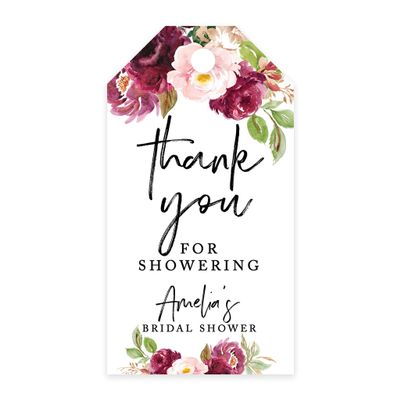 Andaz Press 100-Pack Personalized Bridal Shower Favor Tags with Bakers Twine Fall Burgundy Marsala Custom Cardstock Thank You for Showering Gift Tags for Bridal Shower Party Favors 2 x 3.75-Inches