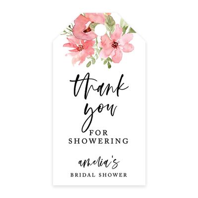 Andaz Press 100-Pack Personalized Bridal Shower Favor Tags with Bakers Twine Coral Watercolor Florals Custom Cardstock Thank You for Showering Gift Tags for Bridal Shower Party Favors 2 x 3.75-Inches