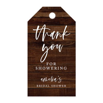 Andaz Press 100-Pack Personalized Bridal Shower Favor Tags with Bakers Twine Rustic Wood Custom Cardstock Thank You for Showering Gift Tags for Bridal Shower Party Favors 2 x 3.75-Inches