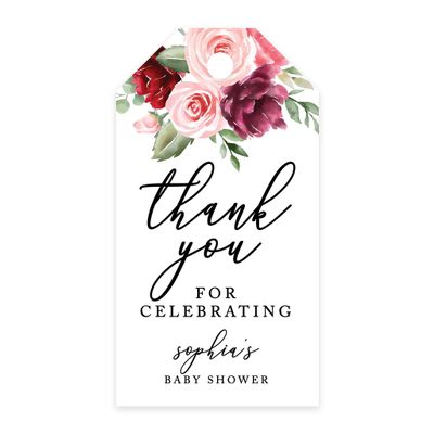 Andaz Press 100-Pack Personalized Baby Shower Favor Tags Pink and Burgundy Florals Custom Cardstock Thank You for Celebrating Gift Tags with Bakers Twine for Baby Shower Party Favors 2 x 3.75-Inches