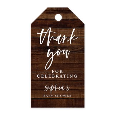 Andaz Press 100-Pack Personalized Baby Shower Favor Tags Rustic Wood Custom Cardstock Thank You for Celebrating Gift Tags with Bakers Twine for Baby Shower Party Favors 2 x 3.75-Inches
