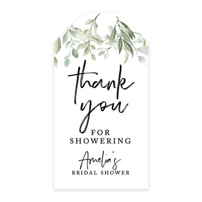 Andaz Press 100-Pack Personalized Bridal Shower Favor Tags with Bakers Twine Greenery Leaves Custom Cardstock Thank You for Showering Gift Tags for Bridal Shower Party Favors 2 x 3.75-Inches