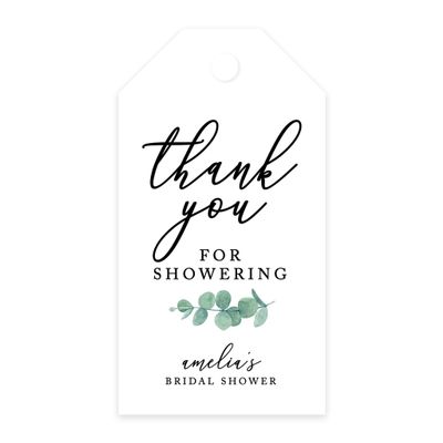 Andaz Press 100-Pack Personalized Bridal Shower Favor Tags with Bakers Twine Minimal Eucalyptus Leaf Custom Cardstock Thank You for Showering Gift Tags for Bridal Shower Party Favors 2 x 3.75-Inches
