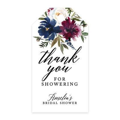 Andaz Press 100-Pack Personalized Bridal Shower Favor Tags with Bakers Twine Navy Blue Burgundy Florals Custom Cardstock Thank You for Showering Gift Tags for Bridal Party Favors 2 x 3.75-Inches