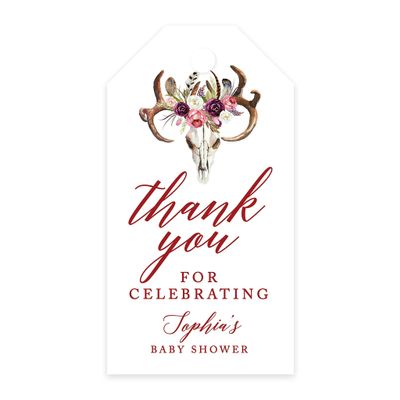 Andaz Press 100-Pack Personalized Baby Shower Favor Tags Boho Rustic Floral Antlers Custom Cardstock Thank You for Celebrating Gift Tags with Bakers Twine for Baby Shower Party Favors 2 x 3.75-Inches