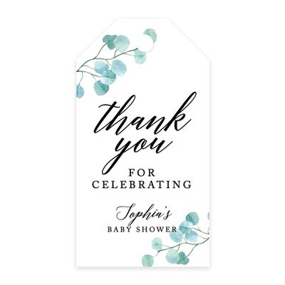 Andaz Press 100-Pack Personalized Baby Shower Favor Tags Silver Dollar Eucalyptus Custom Cardstock Thank You for Celebrating Gift Tags with Bakers Twine for Baby Shower Party Favors 2 x 3.75-Inches