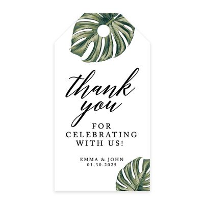 Andaz Press 100-Pack Personalized Thank You for Celebrating with Us Wedding Favor Tags with Bakers Twine Tropical Monstera Leaves Custom Cardstock Wedding Gift Tags for Party Favors 2 x 3.75-Inches