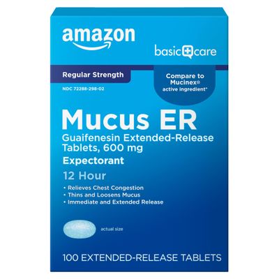 Amazon Basic Care Guaifenesin Cough and Mucus Relief Extended-Release Tablets, 600 mg, 12 Hour Expectorant Caplet 100 Count