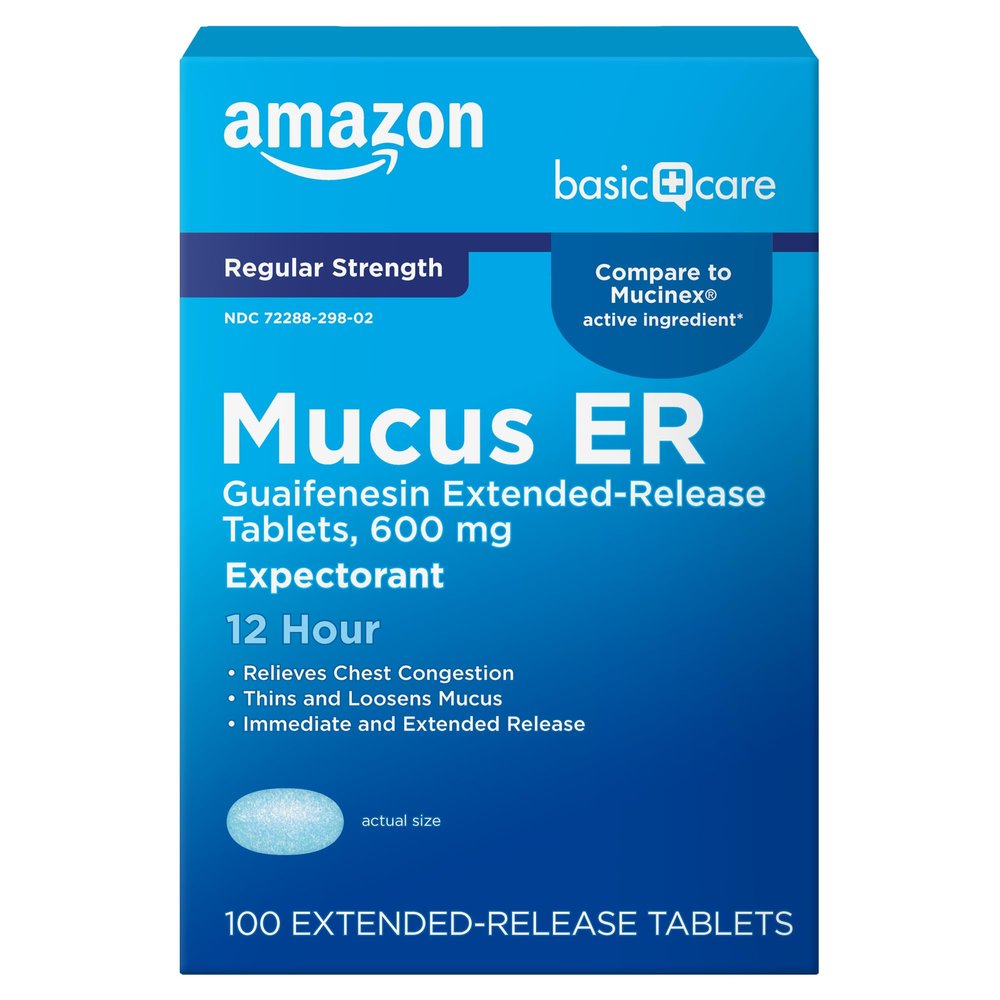 Amazon Basic Care Guaifenesin Cough and Mucus Relief Extended-Release Tablets, 600 mg, 12 Hour Expectorant Caplet 100 Count
