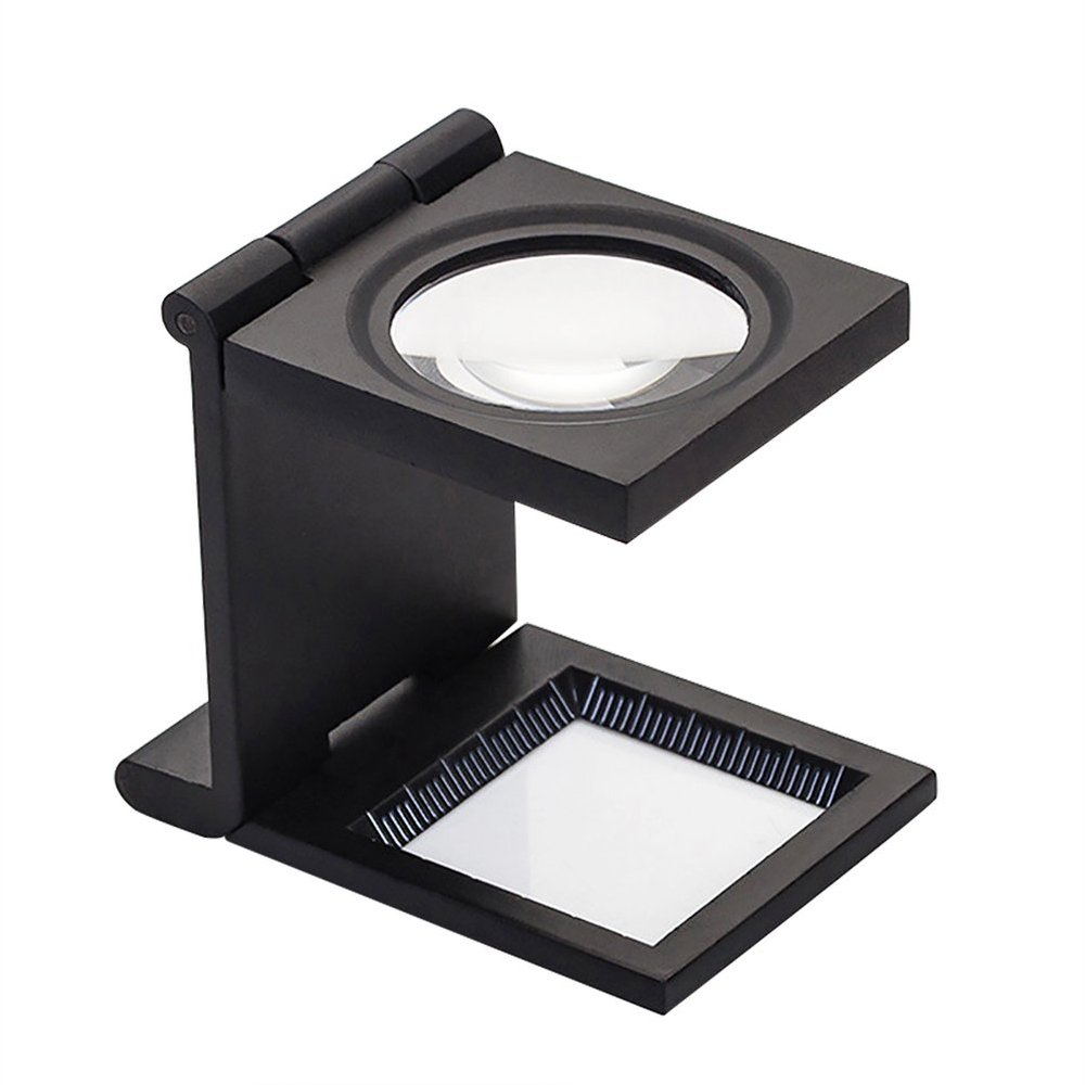 10X Mini Three-Folding Magnifier Portable Zinc Alloy Magnifying Glass 28mm Pocket Standing Optical Lens Square Magnifying Loupe with Scale for Reading Jewelry Crafts Textile