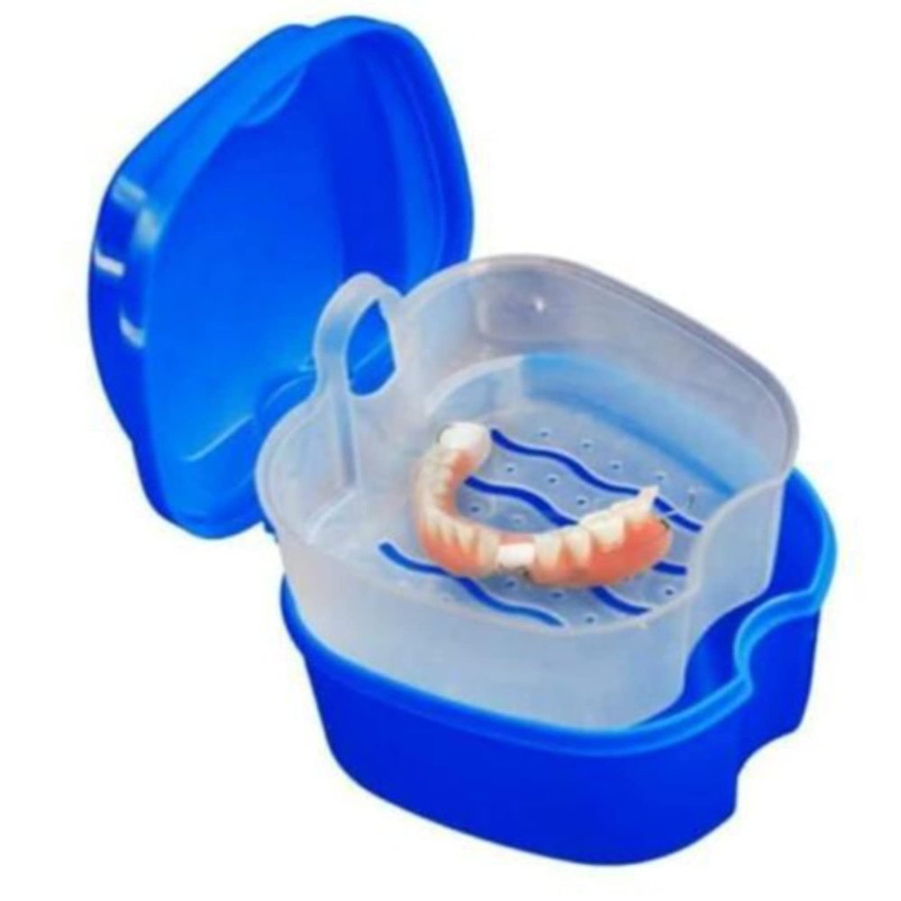 Sevenfly Denture Bath Case Cup Box Holder Storage Soak Container with Strainer Basket for Travel Cleaning,Navy Blue