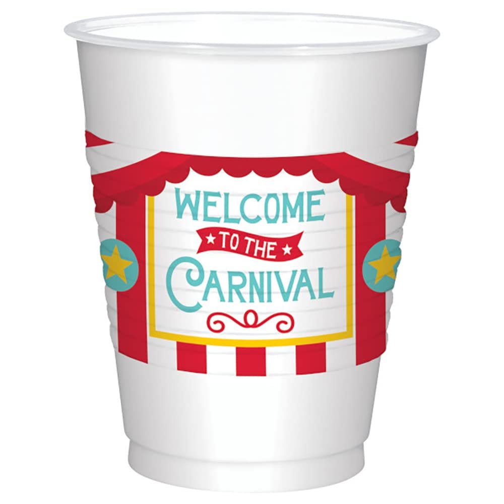 Amscan Carnival Clear/Red Printed Plastic Cups - 16 oz., Pack of 25 - Perfect for Birthdays, Halloween & Kids Parties