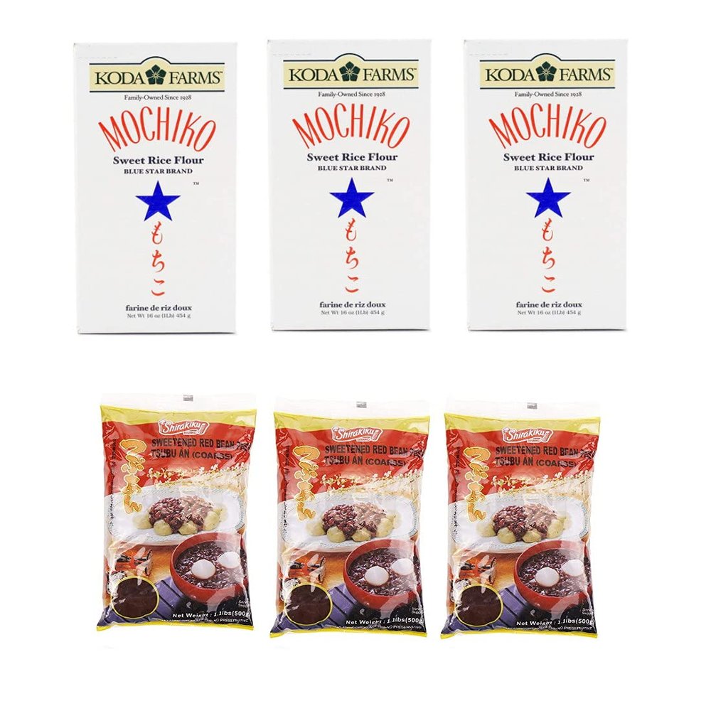 3-Pack Koda Farms Mochiko Sweet Rice Flour + 3-Pack Shirakiku Tsubu An (Coarse Sweetend Red Bean Paste) (3 Mochiko Rice + 3 Tsubu An)