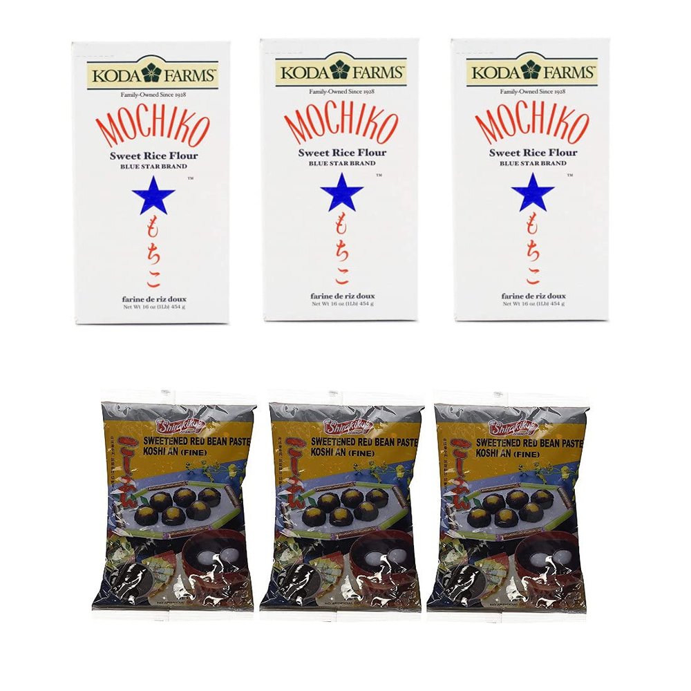3-Pack Koda Farms Mochiko Sweet Rice Flour + 3-Pack Shirakiku Tsubu An (Coarse Sweetend Red Bean Paste) (3 Mochiko Rice Flour + 3 Koshi An (Fine Paste))