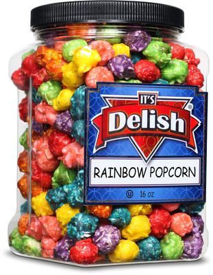 Gourmet Rainbow Colored Popcorn by It's Delish, 16 Oz Jumbo Container | Bulk Colorful Popcorn Snack - Fruity Flavored Air Popped Corn Fun Confetti | Birthday Party, Events Gluten Free, Vegan, Kosher