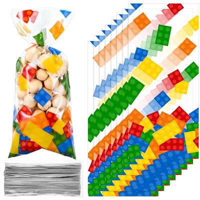 Chrisfall 100 Pcs Building Block Cellophane Treat Bags, Birthday Party Supplies Candy Goodie Bags with 100 Silver Twist Ties for Summer Themed Party Favors(Clear Background)