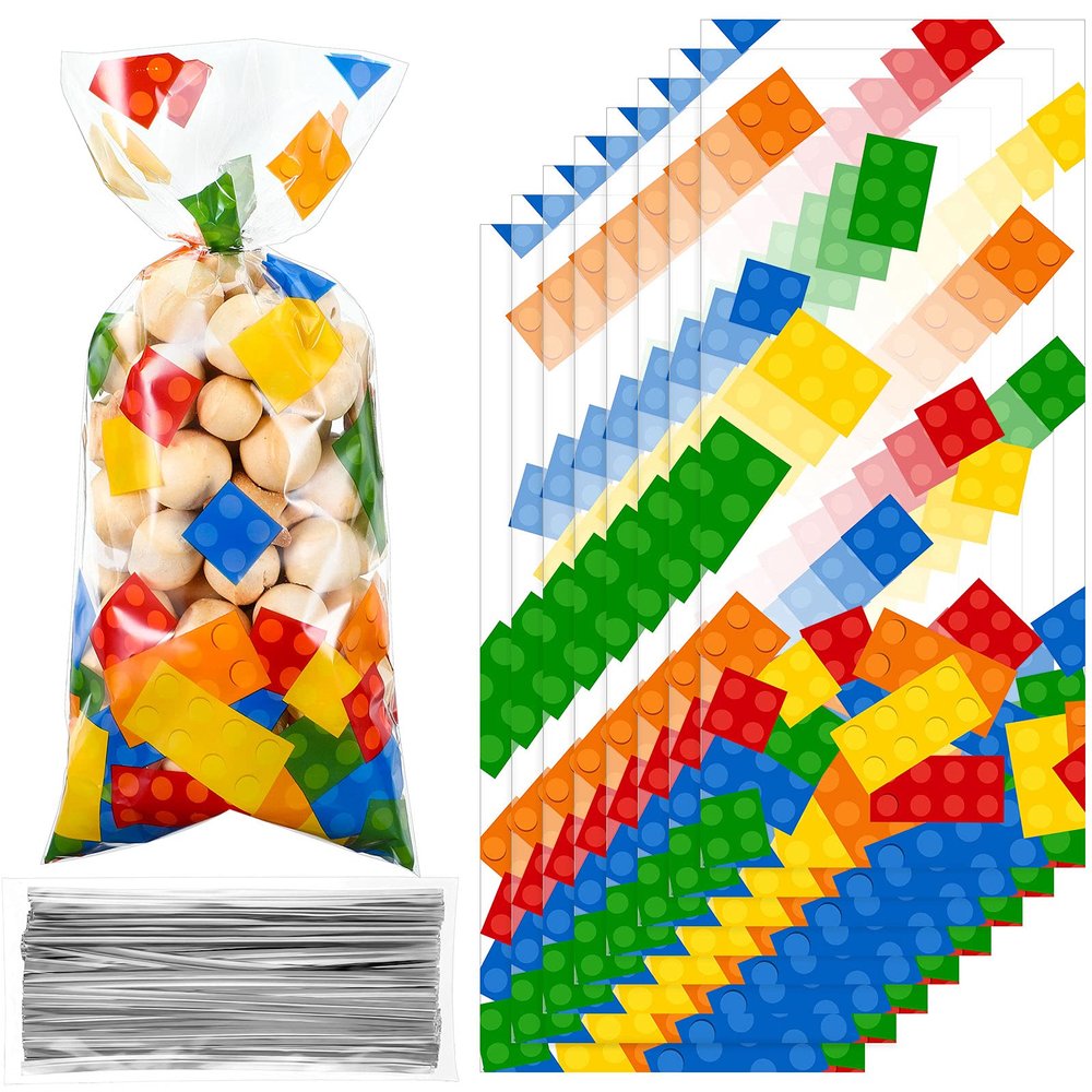 Chrisfall 100 Pcs Building Block Cellophane Treat Bags, Birthday Party Supplies Candy Goodie Bags with 100 Silver Twist Ties for Summer Themed Party Favors(Clear Background)