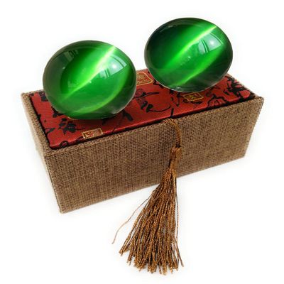 2 Inch Green Artificial Cat Tiger Eye Crystal Baoding Balls, Hand Therapy Balls, Stress Balls to Relief Stress, Chinese Meditation Balls with Carry Pouch (Box-Packed) M20