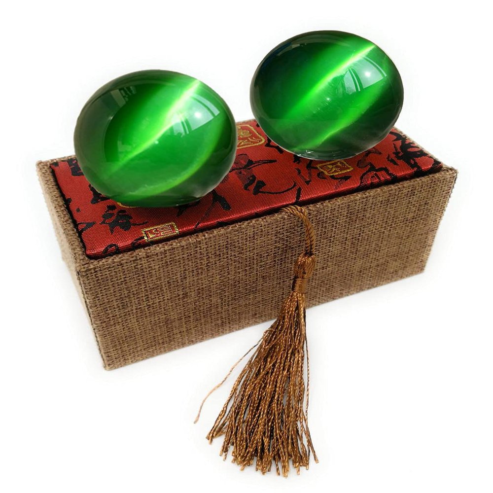 2 Inch Green Artificial Cat Tiger Eye Crystal Baoding Balls, Hand Therapy Balls, Stress Balls to Relief Stress, Chinese Meditation Balls with Carry Pouch (Box-Packed) M20