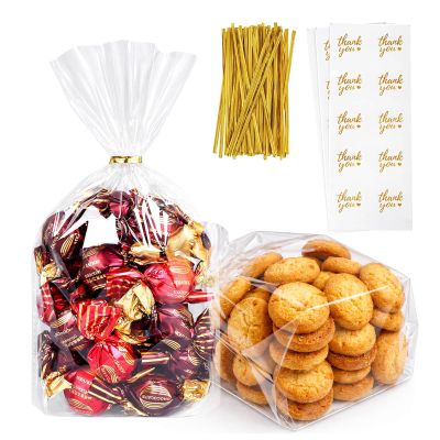 Cherodada Clear Cellophane Treat Bags with Ties, 6"x 9" (100 pcs) Bottom Gusset Bags for Gift Wrapping, Party Favors, Candies, Cookies, Chocolates, Popcorn
