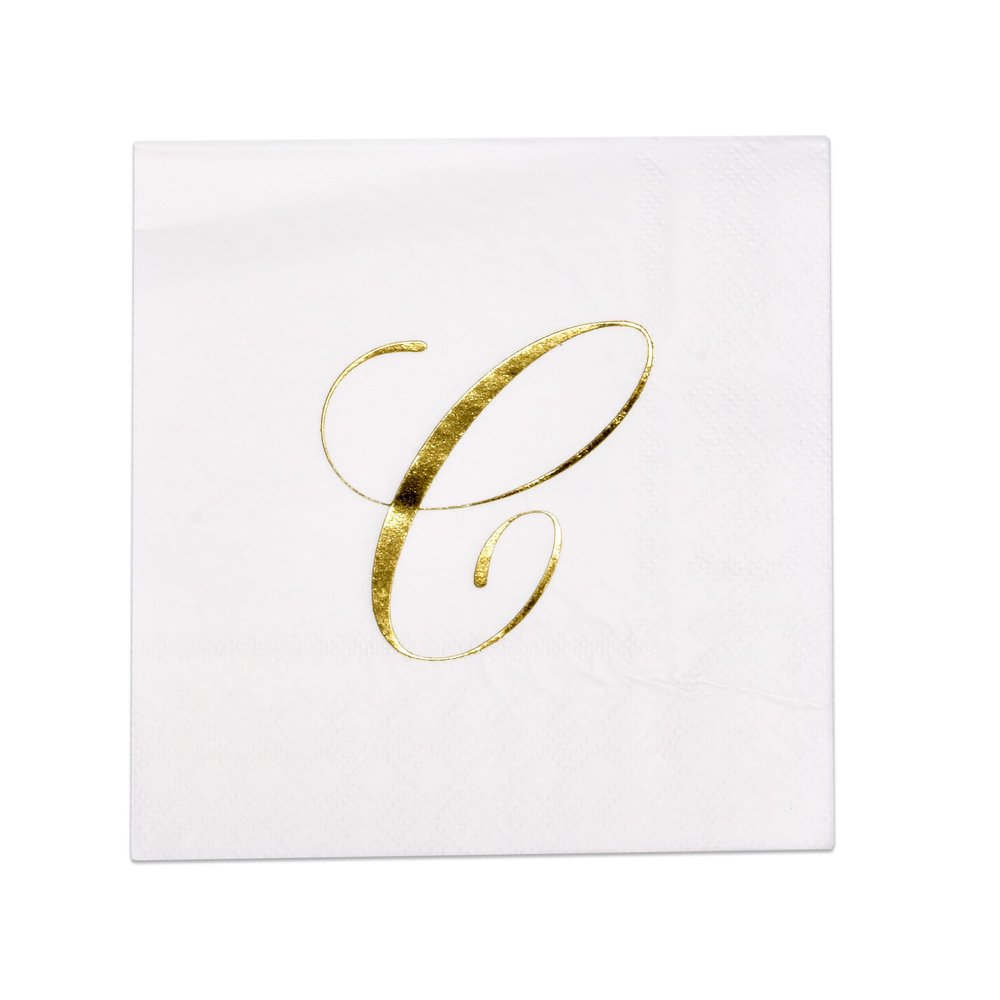Gift Boutique 100 Gold Monogram Cocktail Napkins Letter C Disposable Paper Pack Elegant Metallic Golden Foil Beverage Napkin for Wedding Holiday Tea Party Bridal & Baby Shower Decorative Napkin
