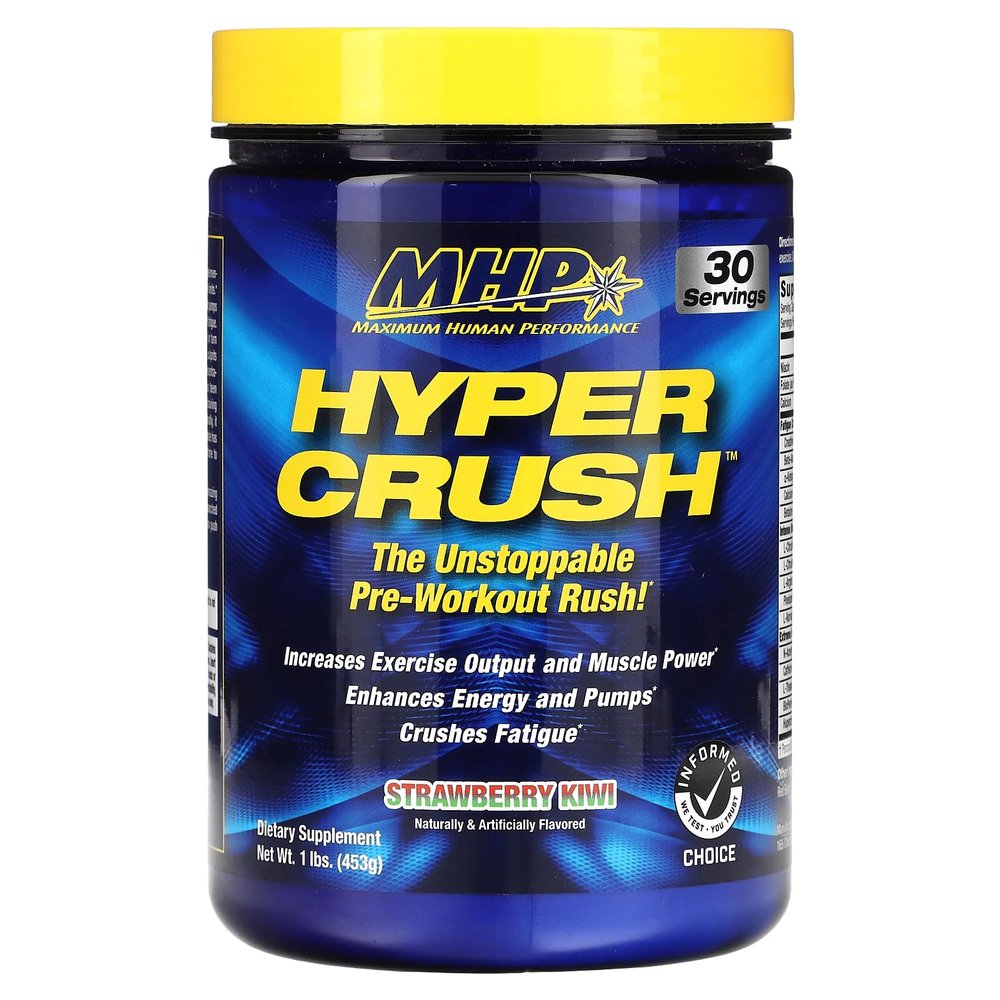 Maximum Human Performance Hyper Crush Pre Workout Powder, Increases Energy, Muscle Pumps, Power, Fights Fatigue, creatine, beta Alanine, Nitric Oxide, citrulline, AKG, Strawberry Kiwi, 30 Servings