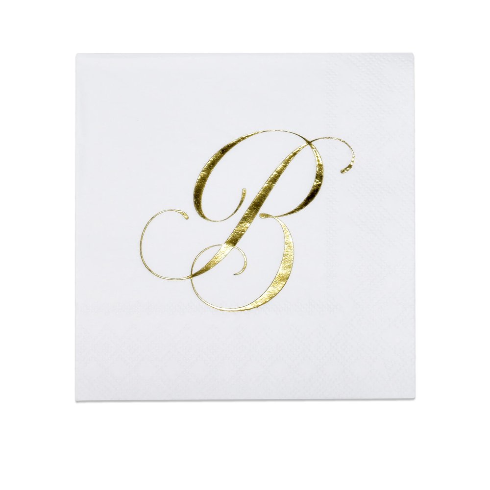 Gift Boutique 100 Gold Monogram Cocktail Napkins Letter B Disposable Paper Pack Elegant Metallic Golden Foil Hand Napkin for Powder Room Wedding Holiday Birthday Party Baby Shower Decorative Towels