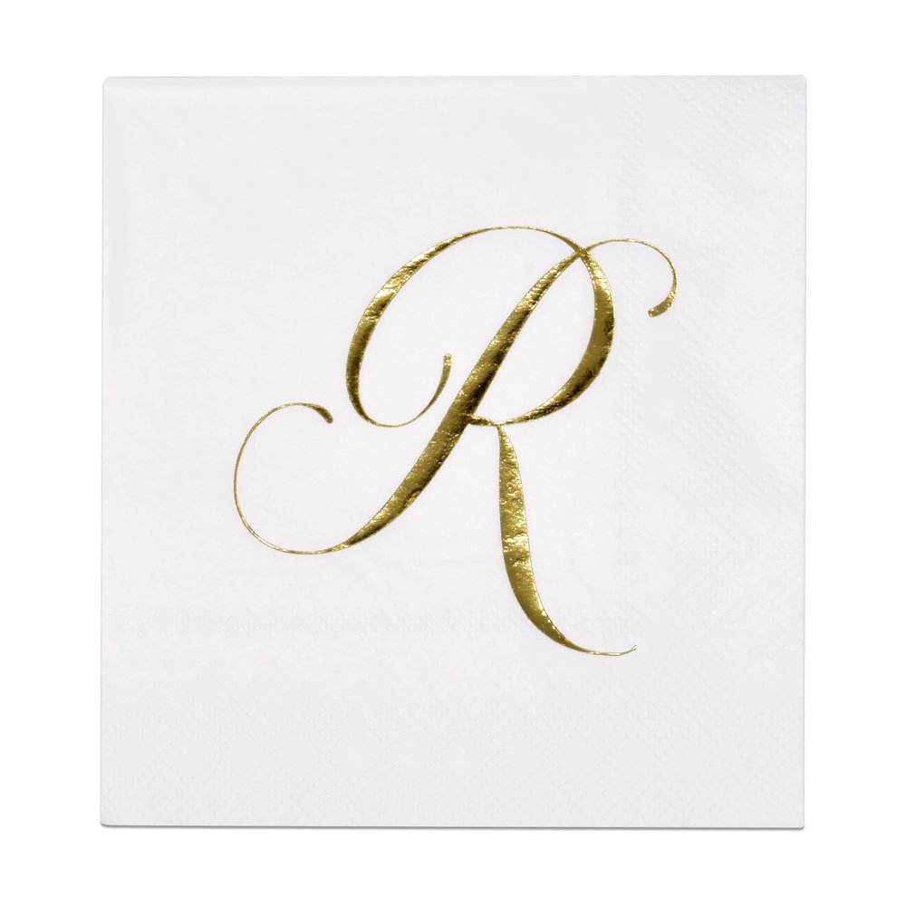 Gift Boutique 100 Gold Monogram Cocktail Napkins Letter R Disposable Paper Pack Elegant Metallic Golden Foil Hand Napkin for Powder Room Wedding Holiday Birthday Party Baby Shower Decorative Towels