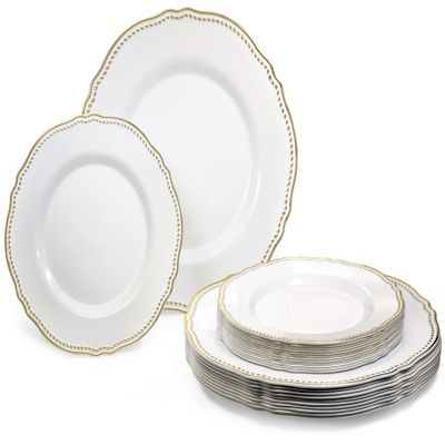 " OCCASIONS " 50 Plates Pack (25 Guests)-Heavyweight Wedding Party Disposable Plastic Plate Set -25 x 10.25'' Dinner + 25 x 7.5'' Salad/dessert plates (Rochelle White and Gold)