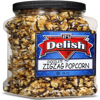 Gourmet Chocolate Drizzle Zigzag Popcorn by It's Delish 16 Oz (1 Lb) Jumbo Container Bulk Popcorn Tasty Snacks with Extra Crunch Made in the USA - Candy Bar, Party Favors, Weddings, Birthdays