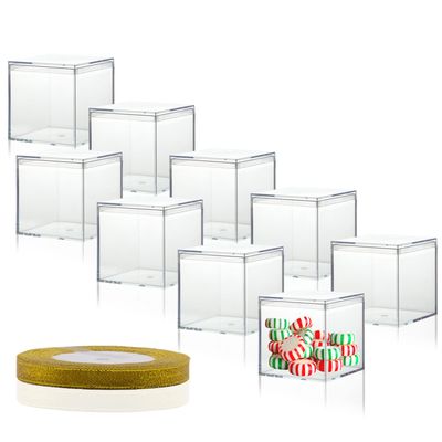 20 Pcs Clear Plastic Square Cube, 2.16x2.16x2.16 Small Plastic Storage Box with Lid Transparent Clear Square Containers Display Boxes Gift Box with Glitter Ribbon for Candy Pill Jewelry Christmas