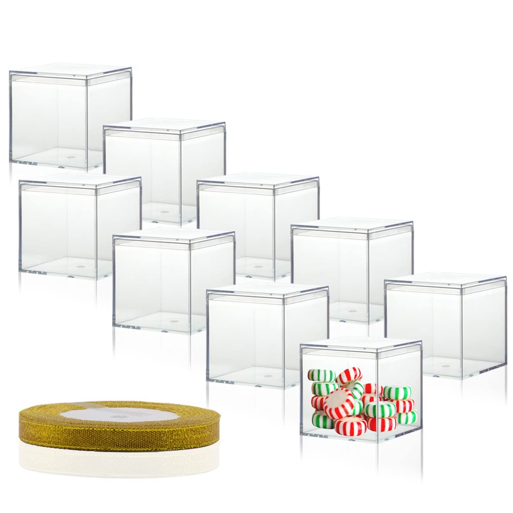 20 Pcs Clear Plastic Square Cube, 2.16x2.16x2.16 Small Plastic Storage Box with Lid Transparent Clear Square Containers Display Boxes Gift Box with Glitter Ribbon for Candy Pill Jewelry Christmas