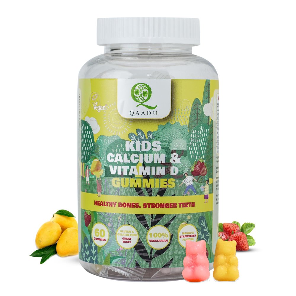 QAADU Kids Calcium & Vitamin D Gummies for Healthy Bones, Stronger Teeth, and Growth, Vegan, Delicious Mango & Strawberry Flavor, 60 Chewable Gummies, Certified Vegan by The Vegan Society of UK