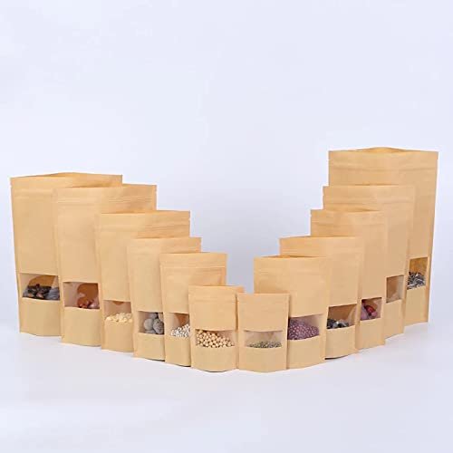 100pcs Packing Zip lock Kraft Paper Window Bag Stand up Gift Dried Food Fruit Tea packaging Pouches Zipper Self Sealing Bags (17X24cm)