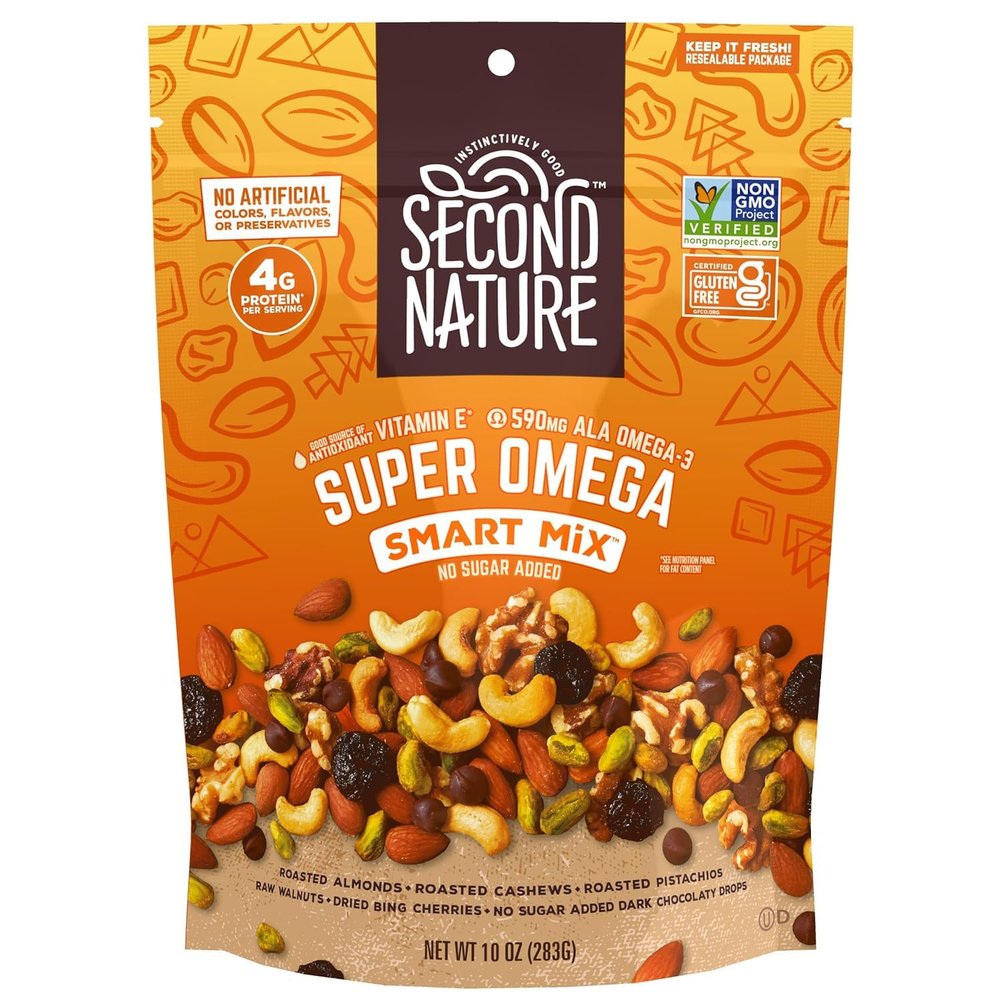 Second Nature Super Omega Smart Mix, Good Source of Antioxidant Vitamin E, Good Source of Fiber, No Artificial Colors, Flavors or Preservatives, Low Sodium, Kosher, Gluten Free & Non-GMO, 10 Ounce (Pack of 6)
