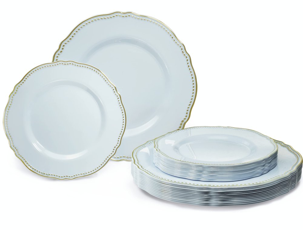 " OCCASIONS " 120 Plates Pack,(60 Guests) Heavyweight Premium Wedding Party Disposable Plastic Plates Set -60 x 10.25'' Dinner + 60 x 7.5'' Salad/Dessert (Rochelle Blue and Gold)