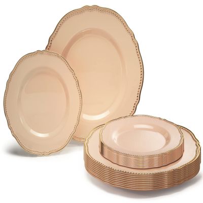 " OCCASIONS " 240 Plates Pack,(120 Guests) Heavyweight Premium Disposable Plastic Plates Set -120 x 10.25'' Dinner + 120 x 7.5'' Salad/Dessert (Rochelle Antique Rose and Gold)