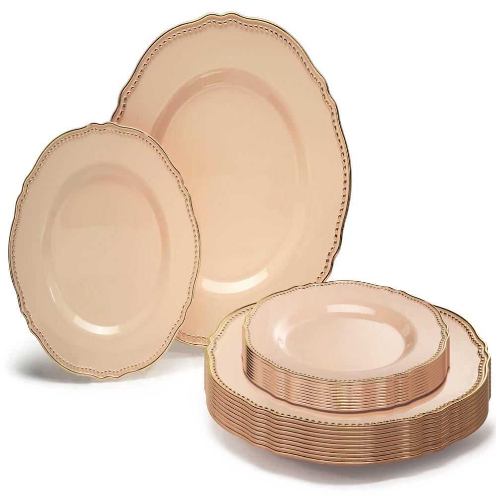 " OCCASIONS " 240 Plates Pack,(120 Guests) Heavyweight Premium Disposable Plastic Plates Set -120 x 10.25'' Dinner + 120 x 7.5'' Salad/Dessert (Rochelle Antique Rose and Gold)