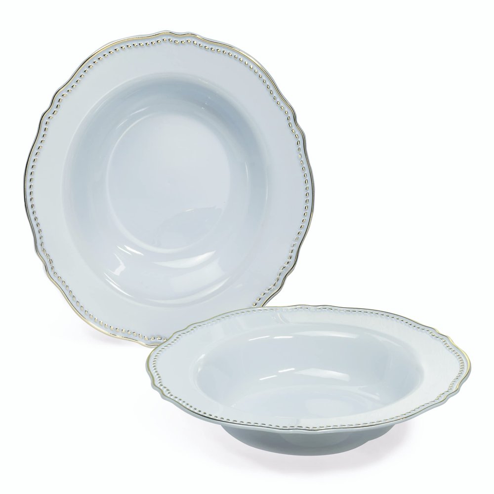 " OCCASIONS " 60 Plates Pack, Premium Heavyweight Disposable Wedding Party Plastic Bowls (10 oz Soup/Dessert Bowl, Rochelle Blue & Gold)