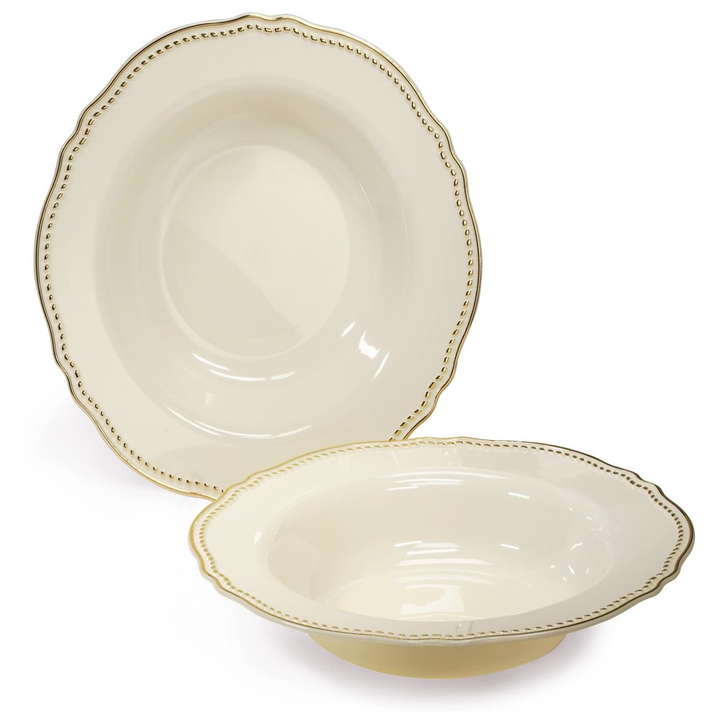 OCCASIONS 120 Plates Pack, Heavyweight Disposable Wedding Party Plastic Plates (7.5'' Appetizer/Dessert Plate, Rochelle Ivory & Gold)
