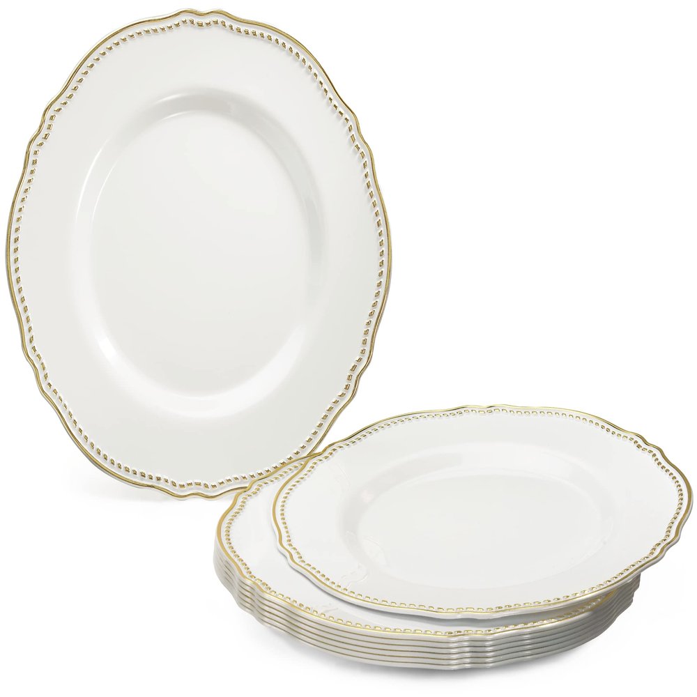 OCCASIONS 120 Plates Pack, Heavyweight Disposable Wedding Party Plastic Plates (9'' Luncheon Plate, Rochelle White & Gold)