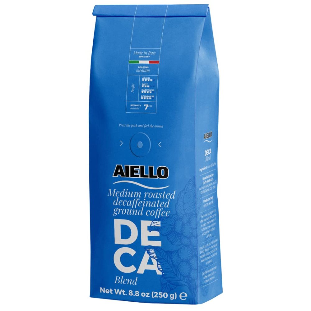 Aiello Caffe Naturally Decaffeinated Premium Ground Medium Roasted Gourmet Italian Coffee 8.8 oz