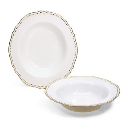 OCCASIONS 120 Plates Pack, Heavyweight Disposable Wedding Party Plastic Bowls (10 oz Soup/Dessert Bowl, Rochelle White & Gold)