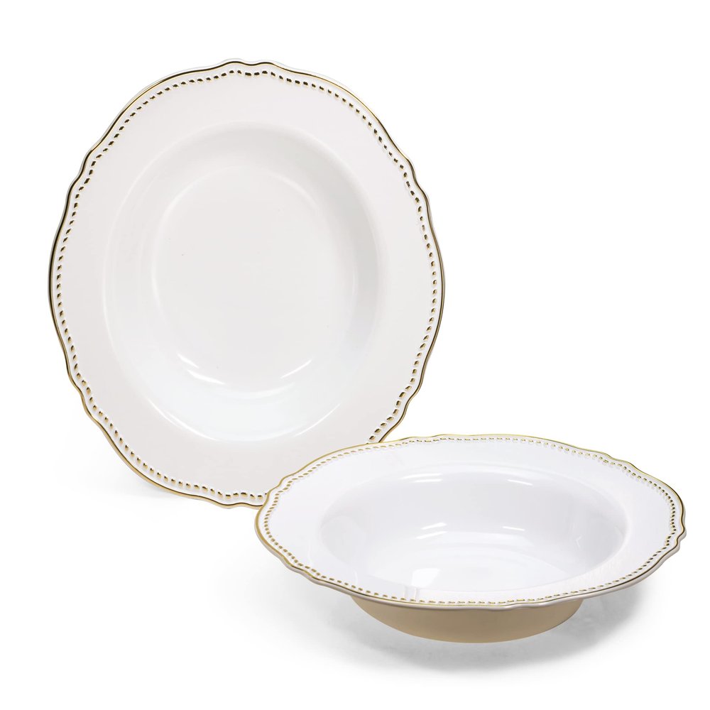 OCCASIONS 120 Plates Pack, Heavyweight Disposable Wedding Party Plastic Bowls (10 oz Soup/Dessert Bowl, Rochelle White & Gold)